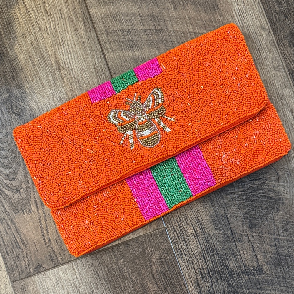 Orange Beaded Clutch with Bee Design